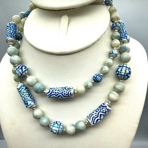 Vintage Graduated Carved Bead Necklace, Classic Blue Early Plastic with Asian